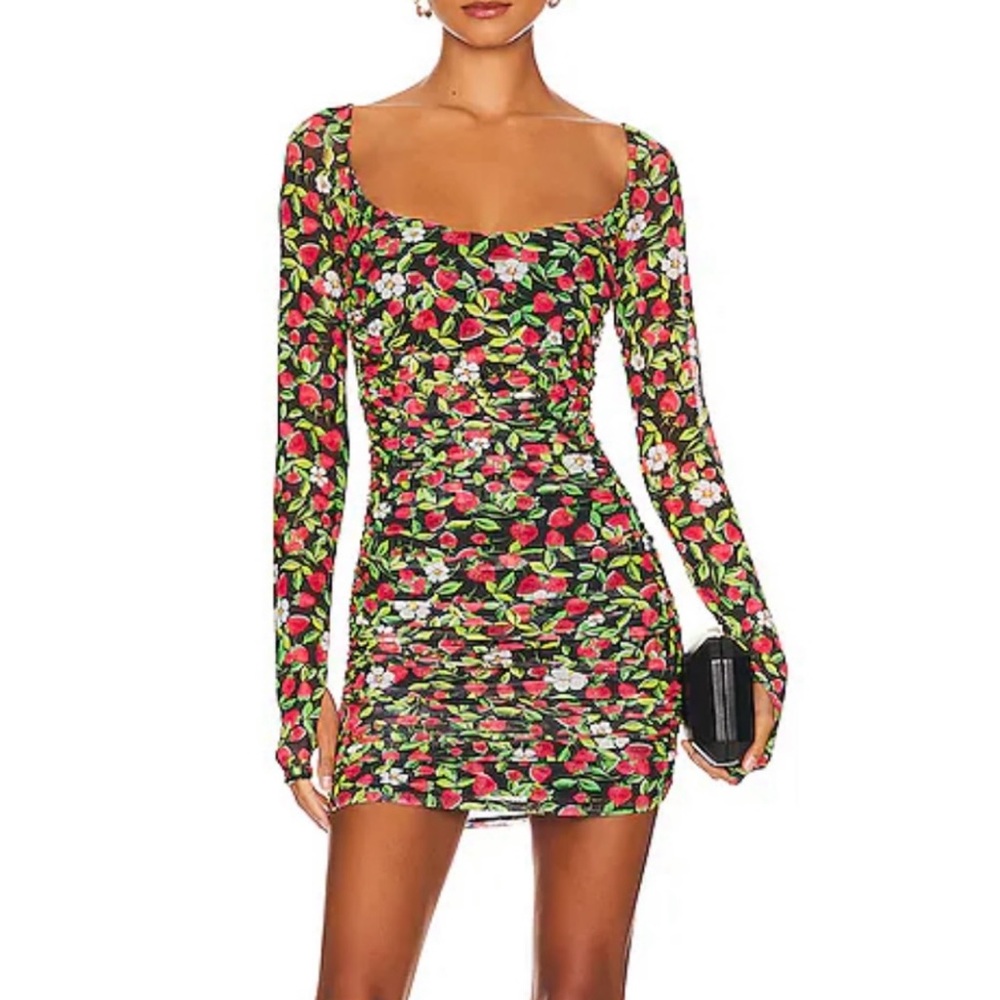 AFRM Leona Strawberry Floral Print Ruched Bodycon Dress